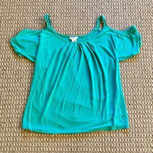 Candies Womens Cold Shoulder Blouse Crew Neck Short Sleeve Size M Green